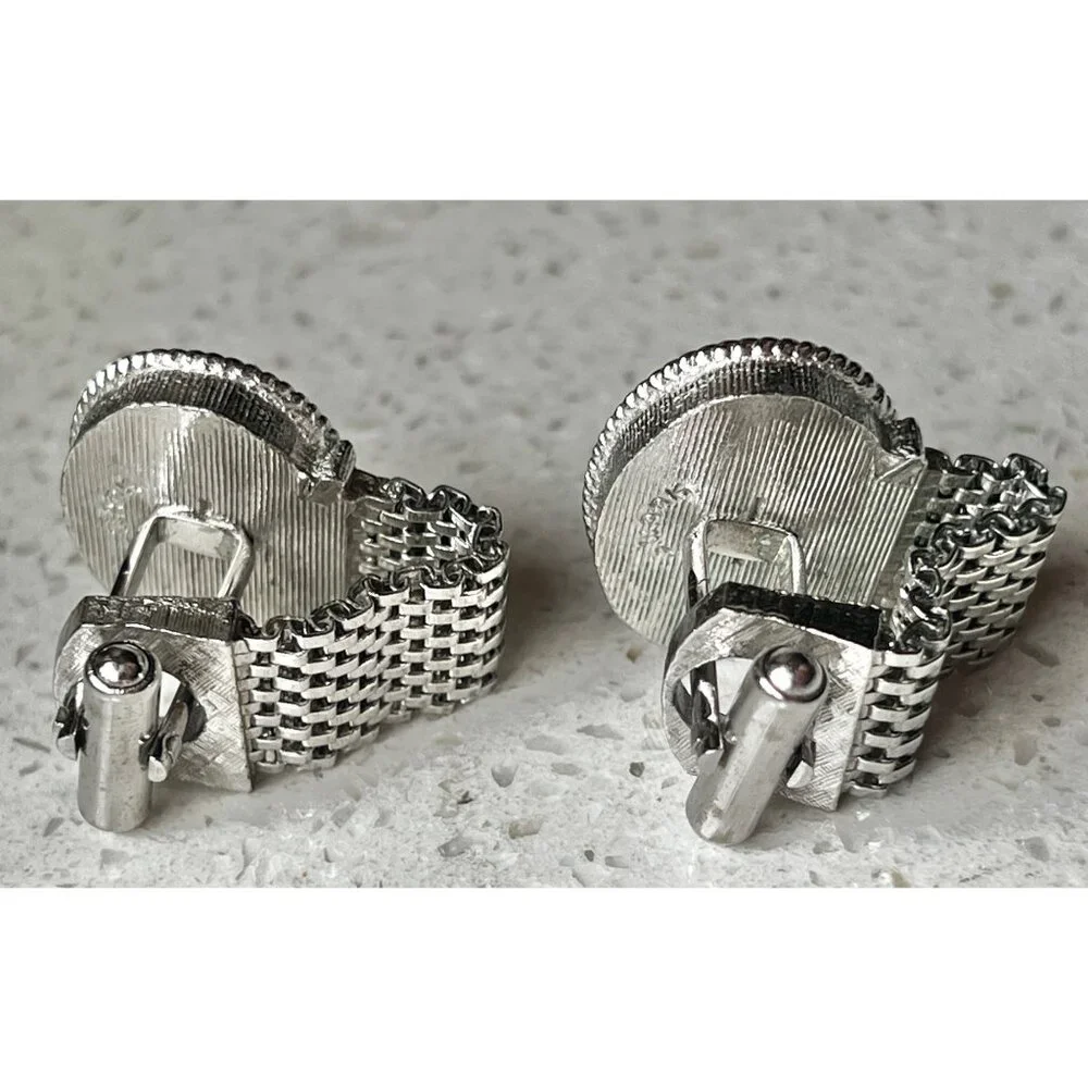 Vintage Swank Silver-Tone Oval Wishbone Cufflinks Rhinestone Accent